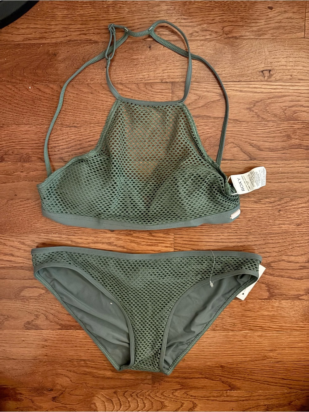 Roxy Olive green high neck mesh swimsuit matching bikini set size small